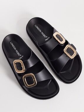 London Rebel Black Double-Buckle Slide Sandals with Gold Accents